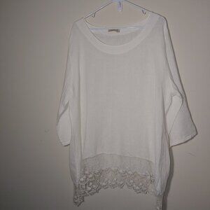 Stella Martini 100% Linen Lagenlook Lace Trim  3/4 Sleeves Tunic White Sz 1X